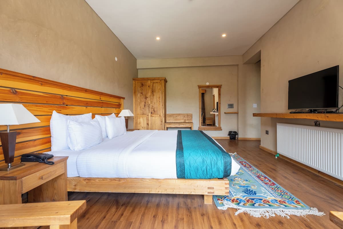 A hotel room with a wooden bed, a TV, a wooden wardrobe, a bedside table with a lamp, and a patterned rug.