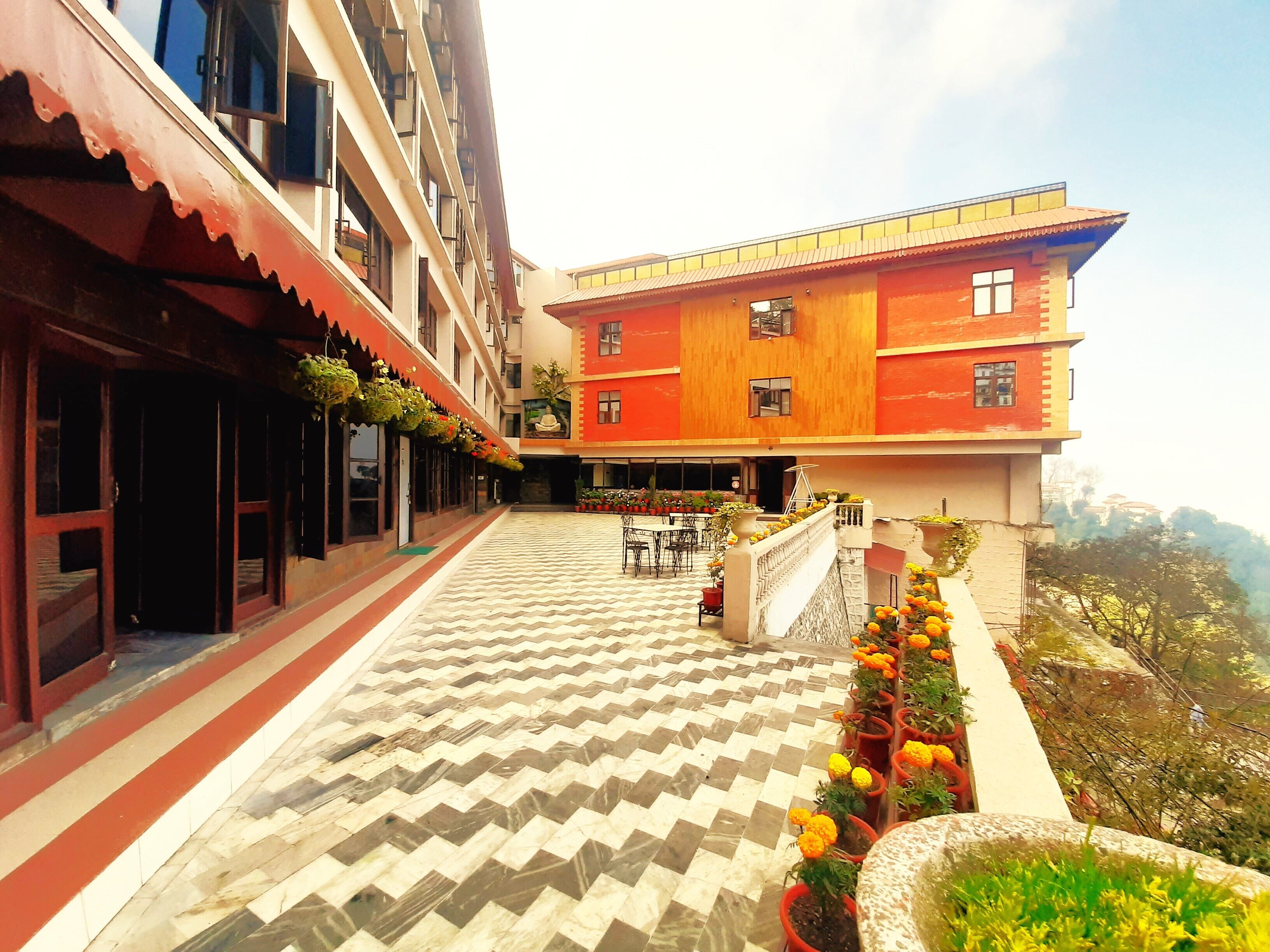 A building with a checkered floor, a balcony with potted plants, and a view of the surrounding area.
