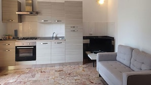 Een moderne keuken met een fornuis, oven en spoelbak, een grijze bank en een flatscreen televisie.