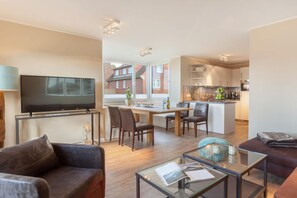 Smart TV, fireplace, DVD player, books