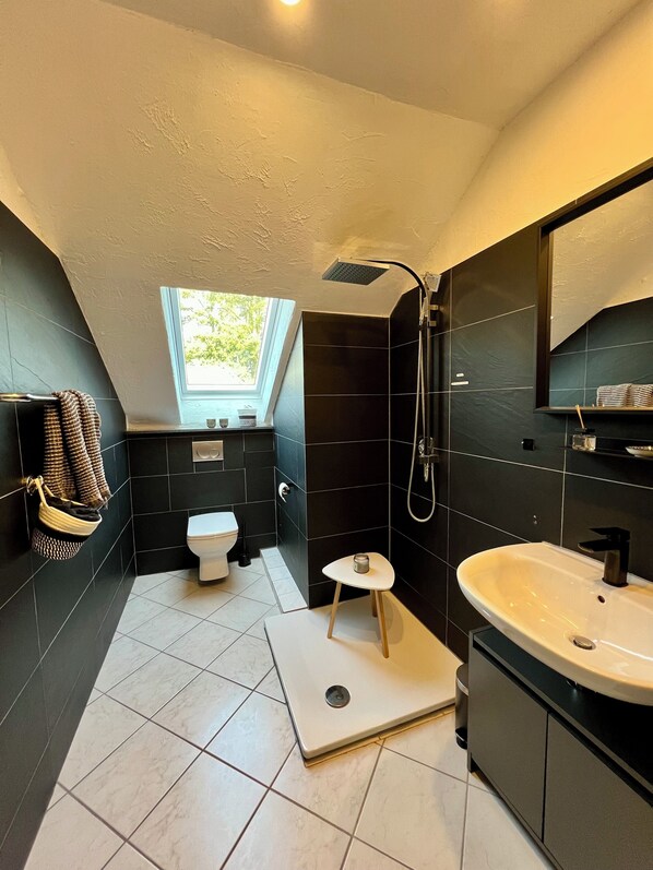 Douche, sèche-cheveux, savon, papier toilette