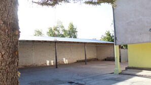 A brick building with a metal roof, a tree, and a concrete floor.
