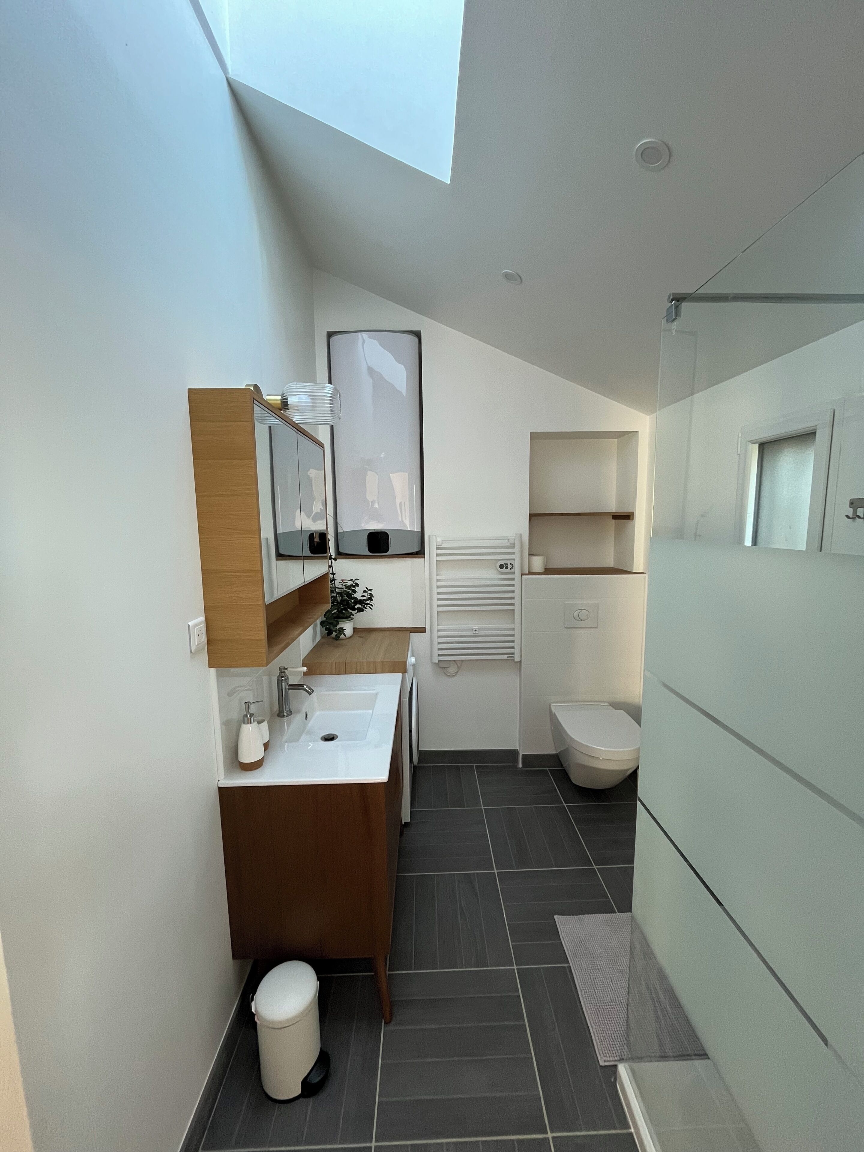 Chuveiro, toalhas de banho, sabonete, papel higiênico