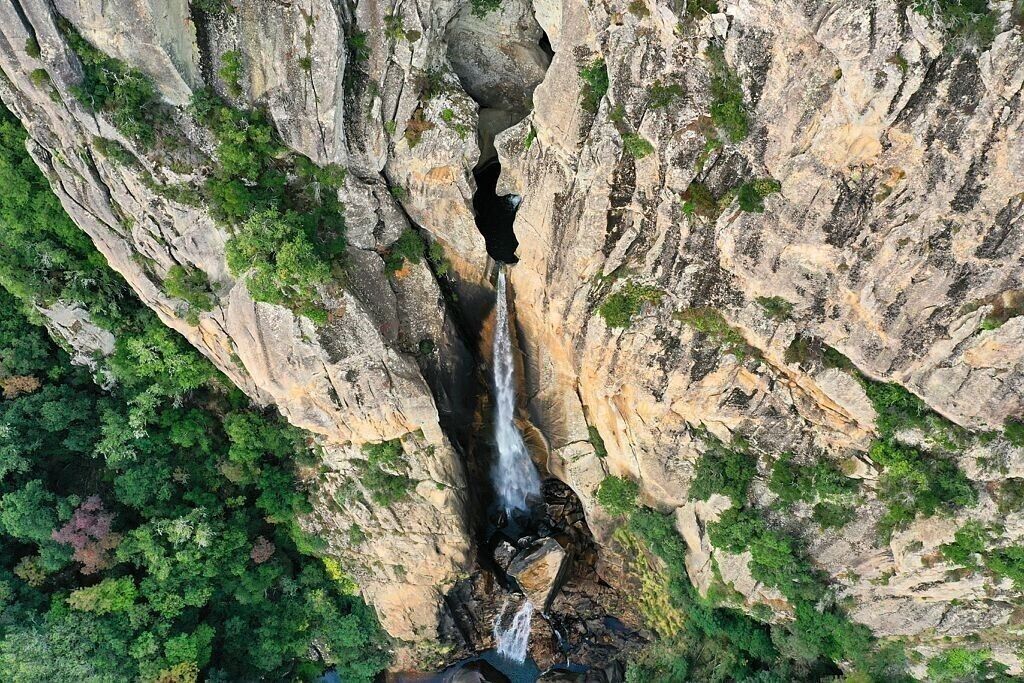 Una cascada se precipita por un acantilado rocoso, rodeada de abundante follaje verde.