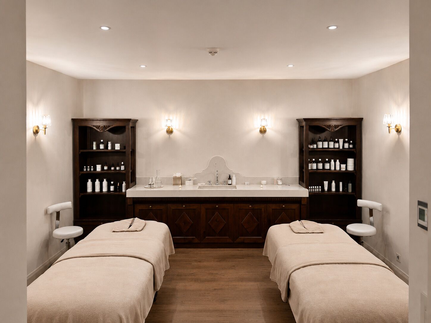A hotel room with a double bed, a large mirror, a vanity with a sink, and two side tables.
