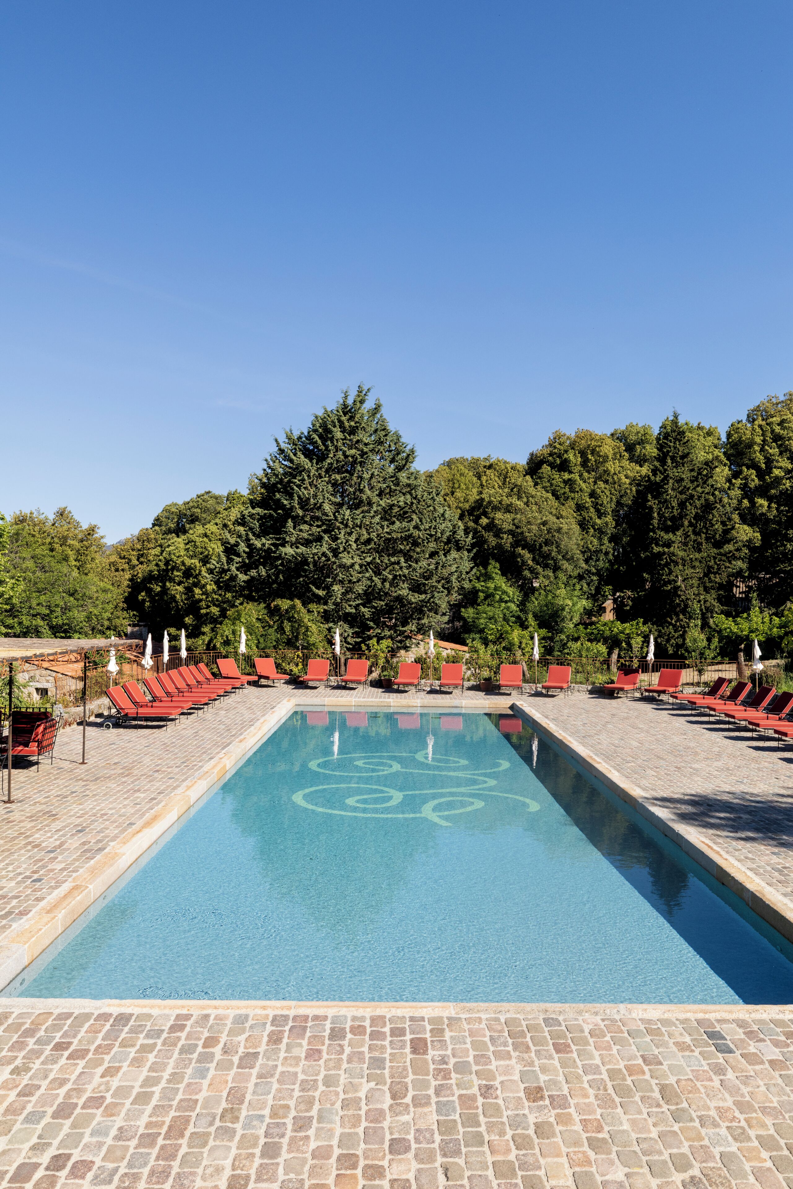 A rectangular swimming pool with a clear blue water surface, surrounded by red lounge chairs and umbrellas, set against a backdrop of dense green trees.