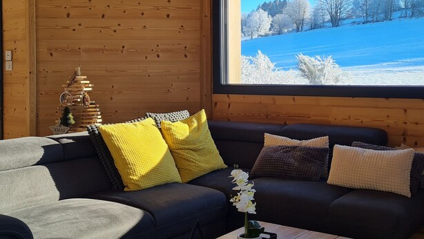 A cozy cabin interior with a wooden wall, a large window, a sofa, and a small Christmas tree. - Nature Chalet with Sauna and WIFI near Gérardmer (Anould)