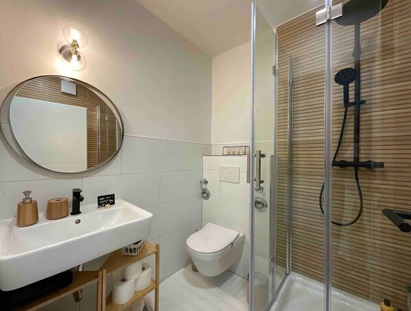 Hair dryer, towels, soap, shampoo