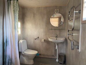 A bathroom with a toilet, sink, mirror, and grab bars. - Kappelshamns Veranda (Lärbro)
