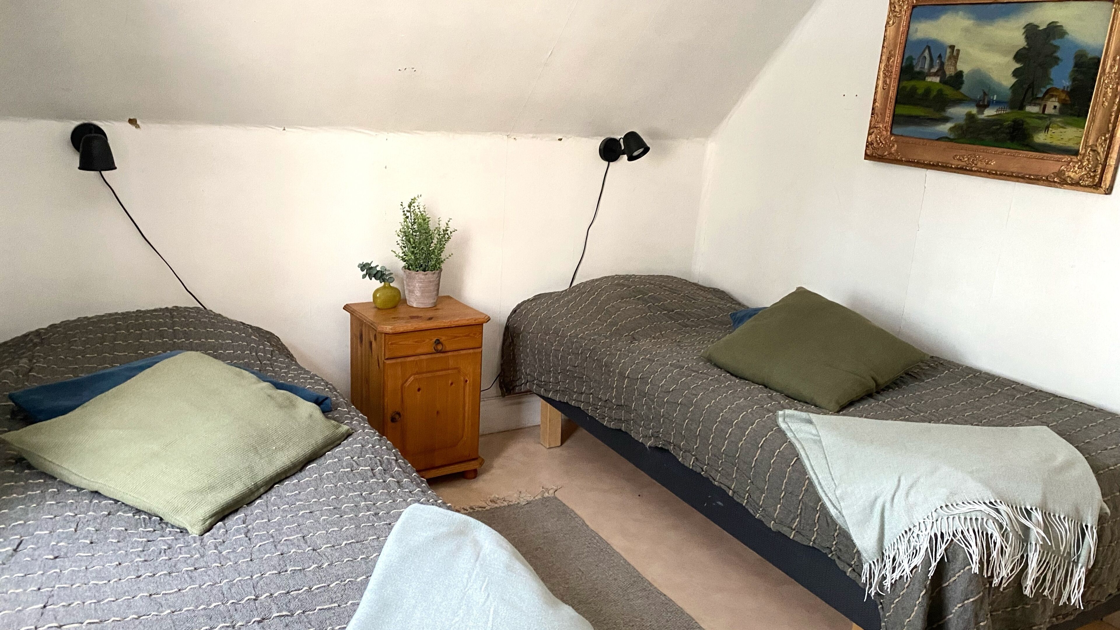 Un dormitorio con dos camas, una mesita de noche, una lámpara, un cuadro y una planta pequeña.