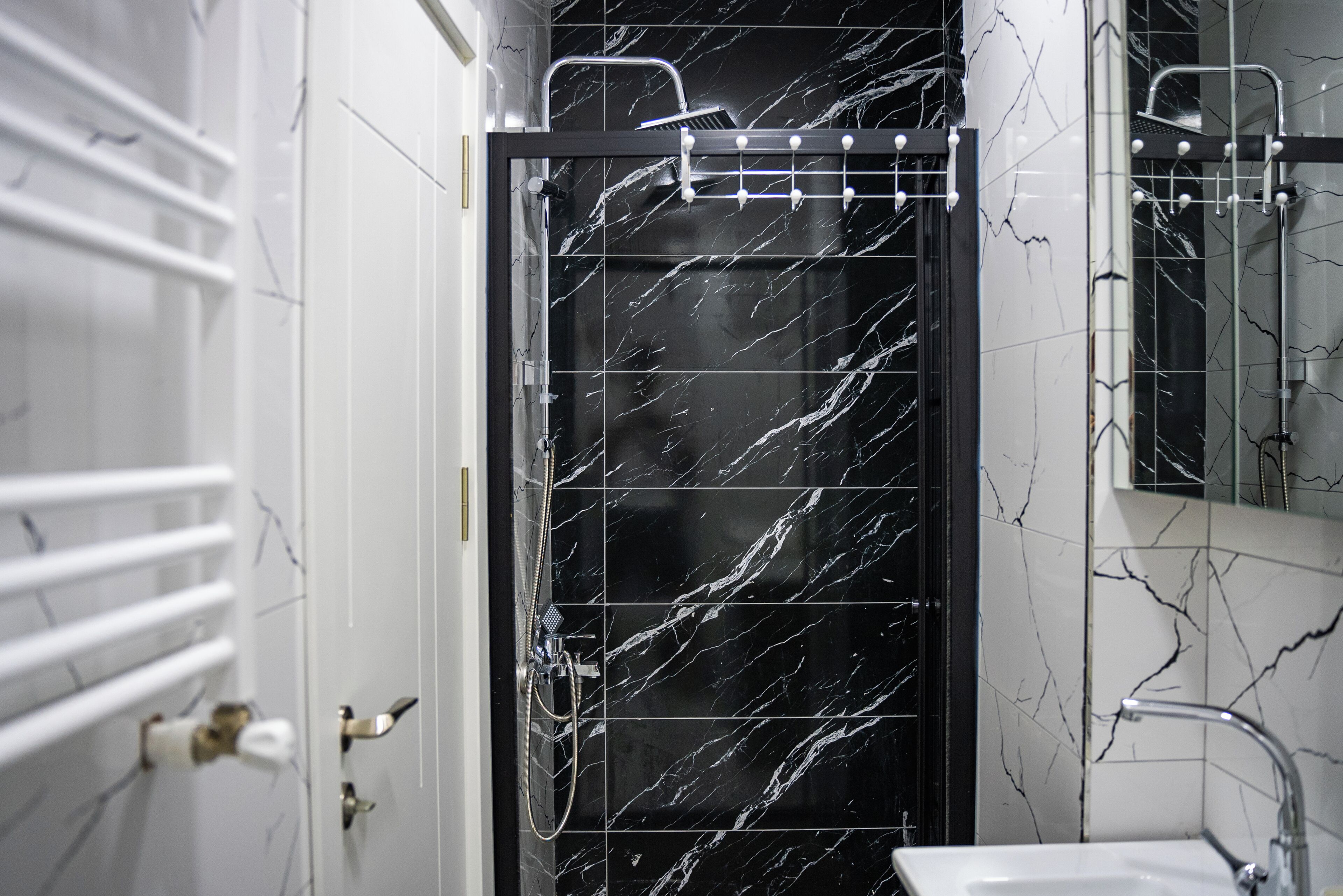 Shower, hair dryer, bidet, towels