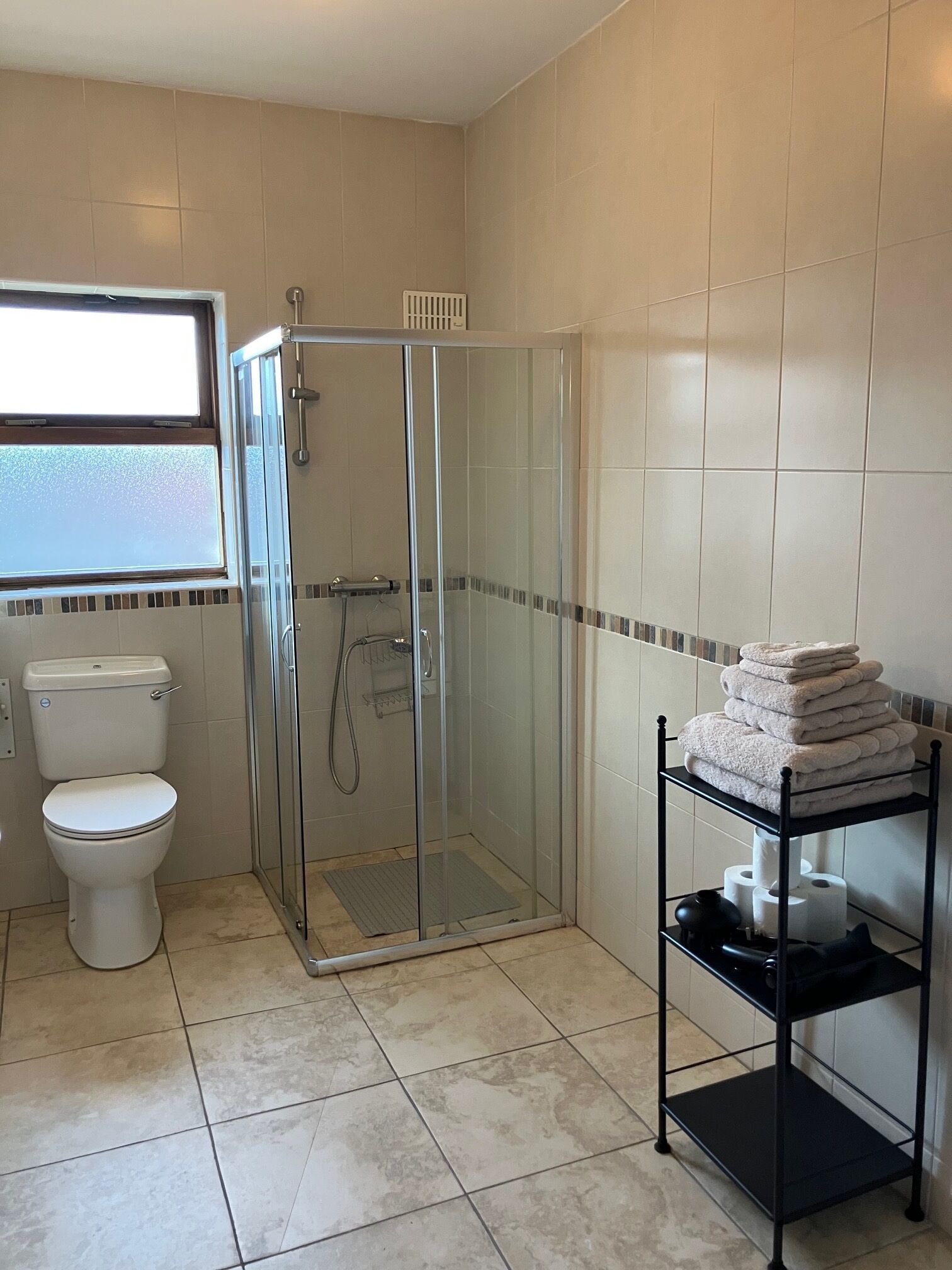 Hair dryer, towels, toilet paper