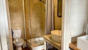 A bathroom with a toilet, a shower with a glass door, and a sink with a mirror above it.