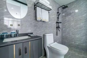 Hair dryer, towels, soap, shampoo