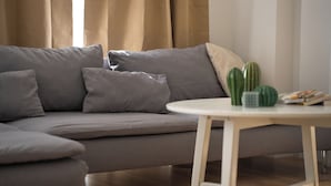 A modern living room with a grey sofa, multiple cushions, a round white table, and a cactus on the table. - Cozy flat in Kadıköy 2BR New House (İstanbul)