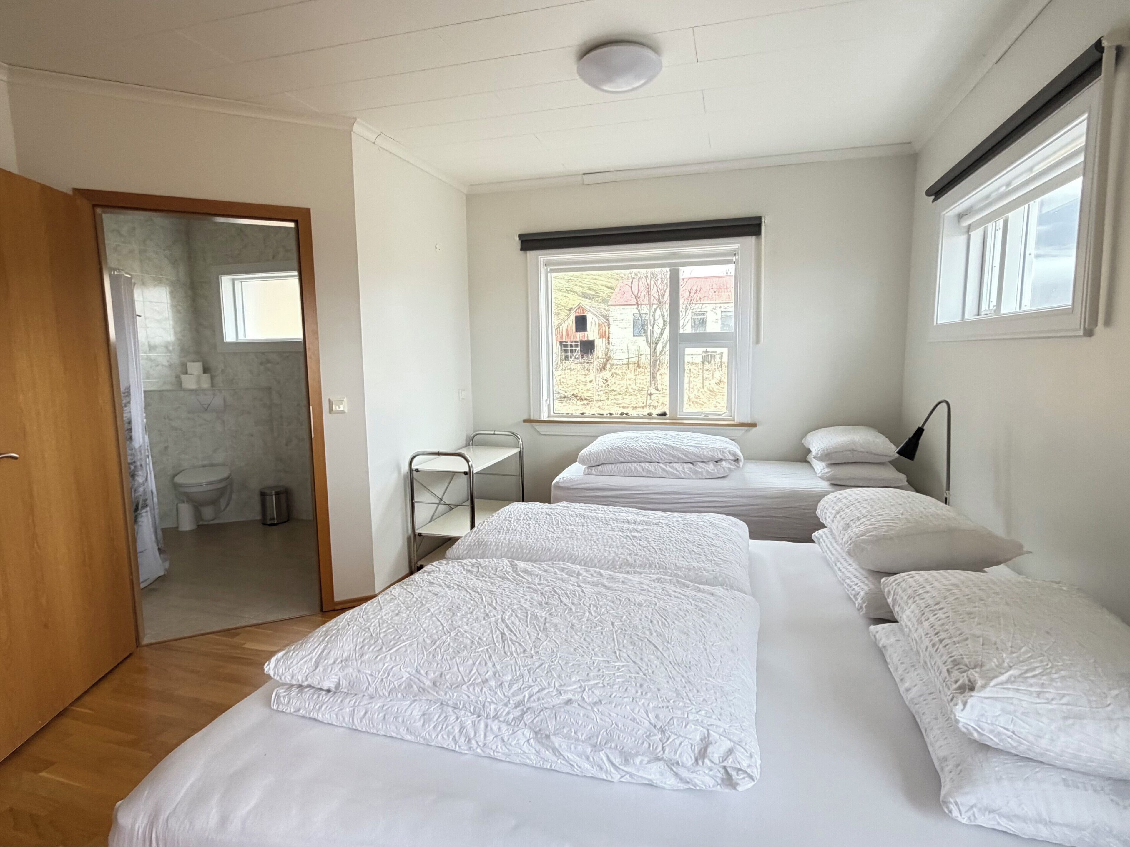 A room with three beds, a window with a view of a rural landscape, a door leading to a bathroom, and a ceiling light.