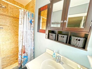 Bathroom features a shower area with a patterned curtain, a sink with a mirror above, and storage below.