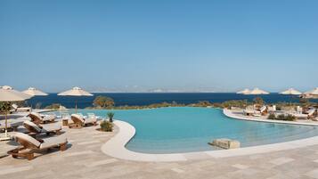 Indoor pool, seasonal outdoor pool, pool umbrellas, pool loungers