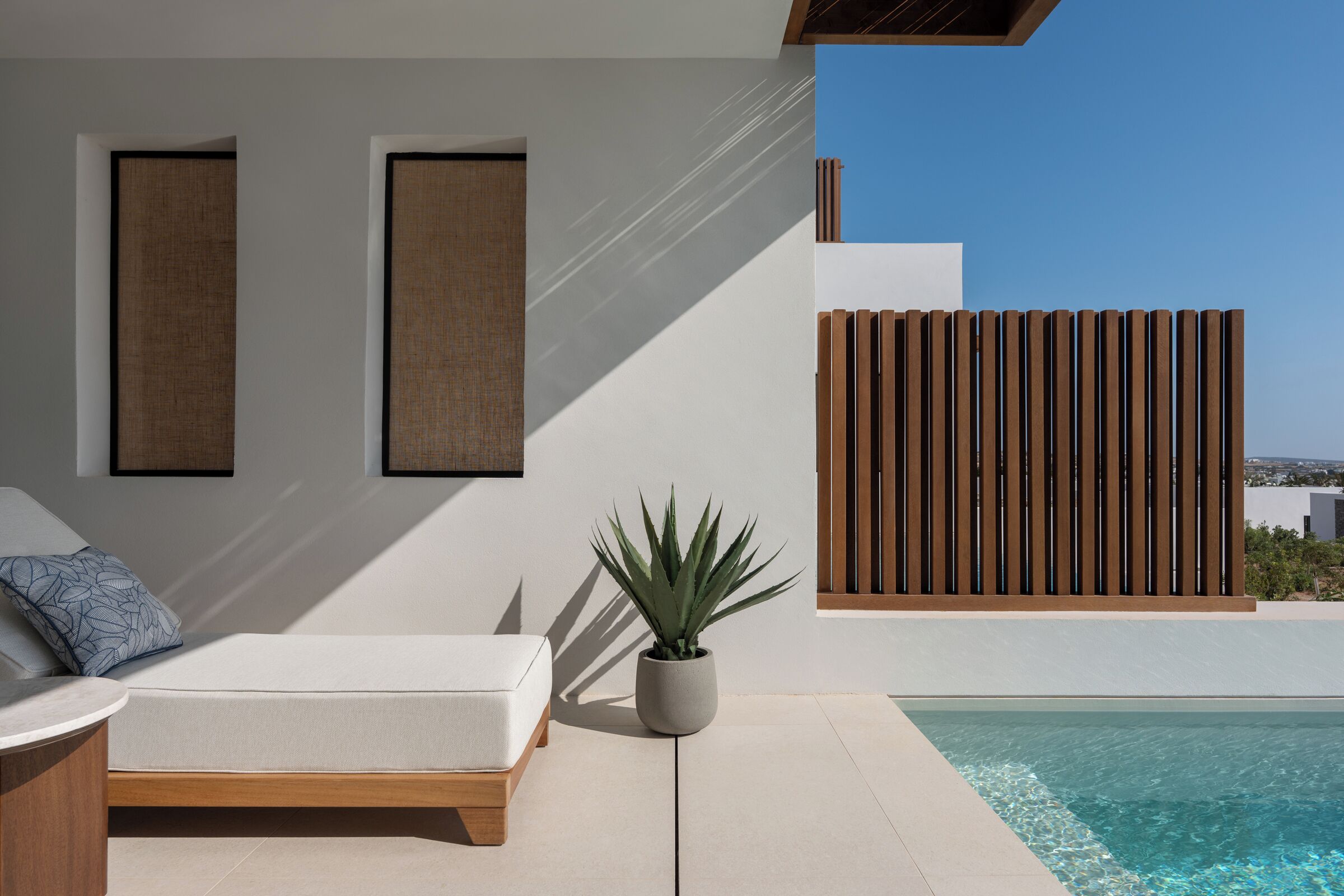 Un espace extérieur moderne aménagé avec des sièges, une piscine, un pot de fleurs et une clôture en bois.