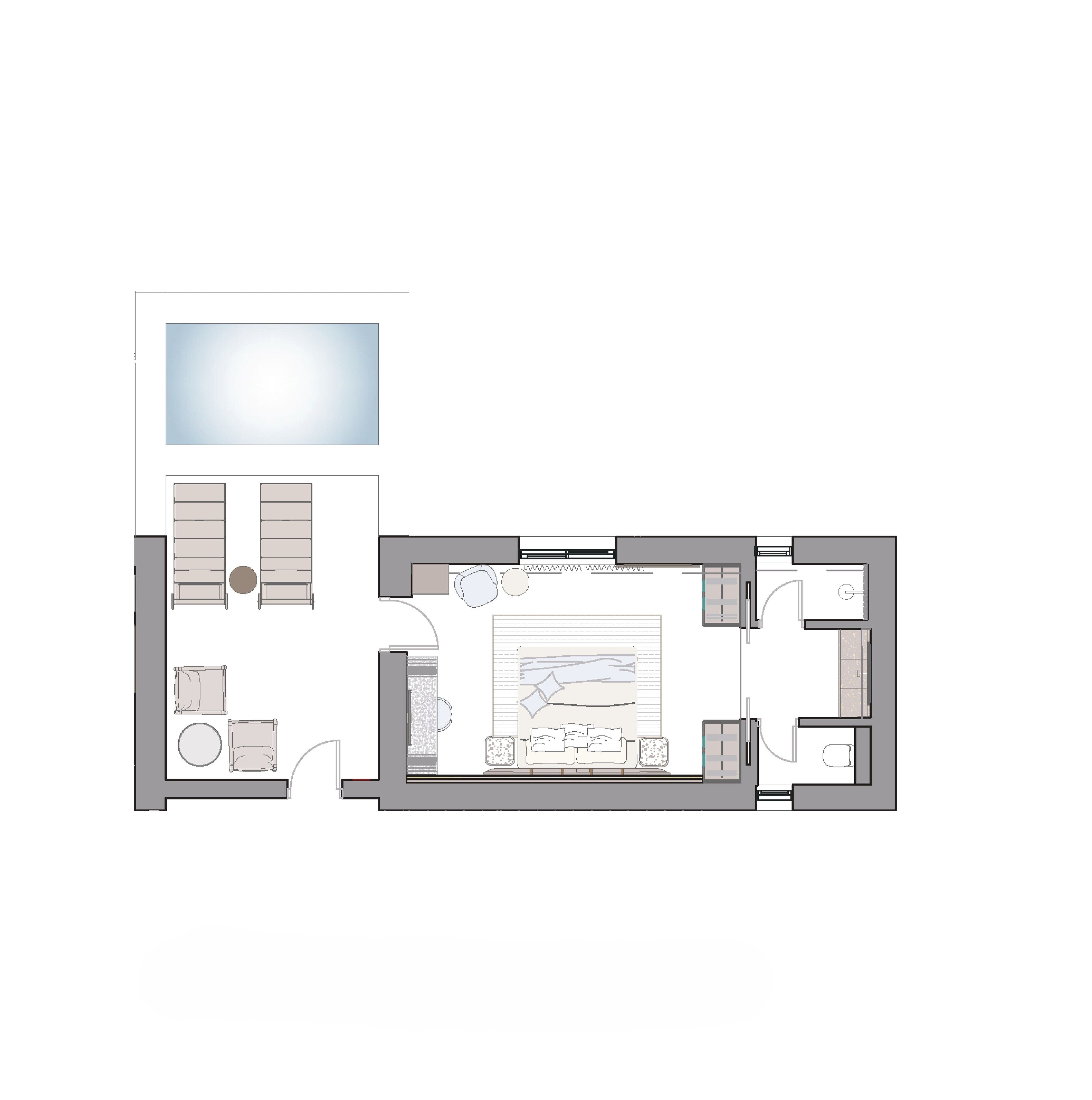 A floor plan of a hotel room with a bed, a desk, a chair, a small table, and a window.