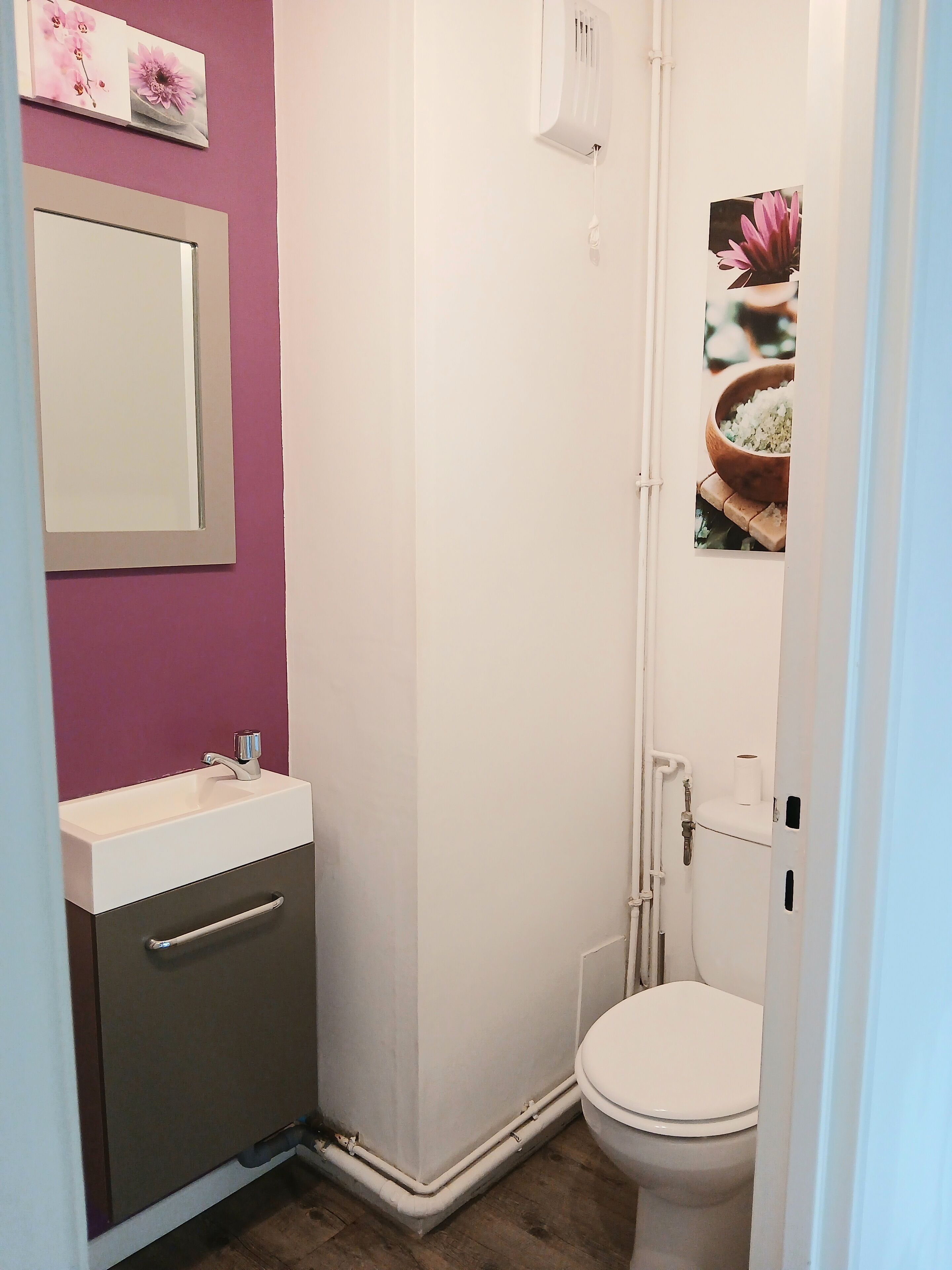 Une salle de bain avec un lavabo blanc, un miroir, des toilettes et une douche.