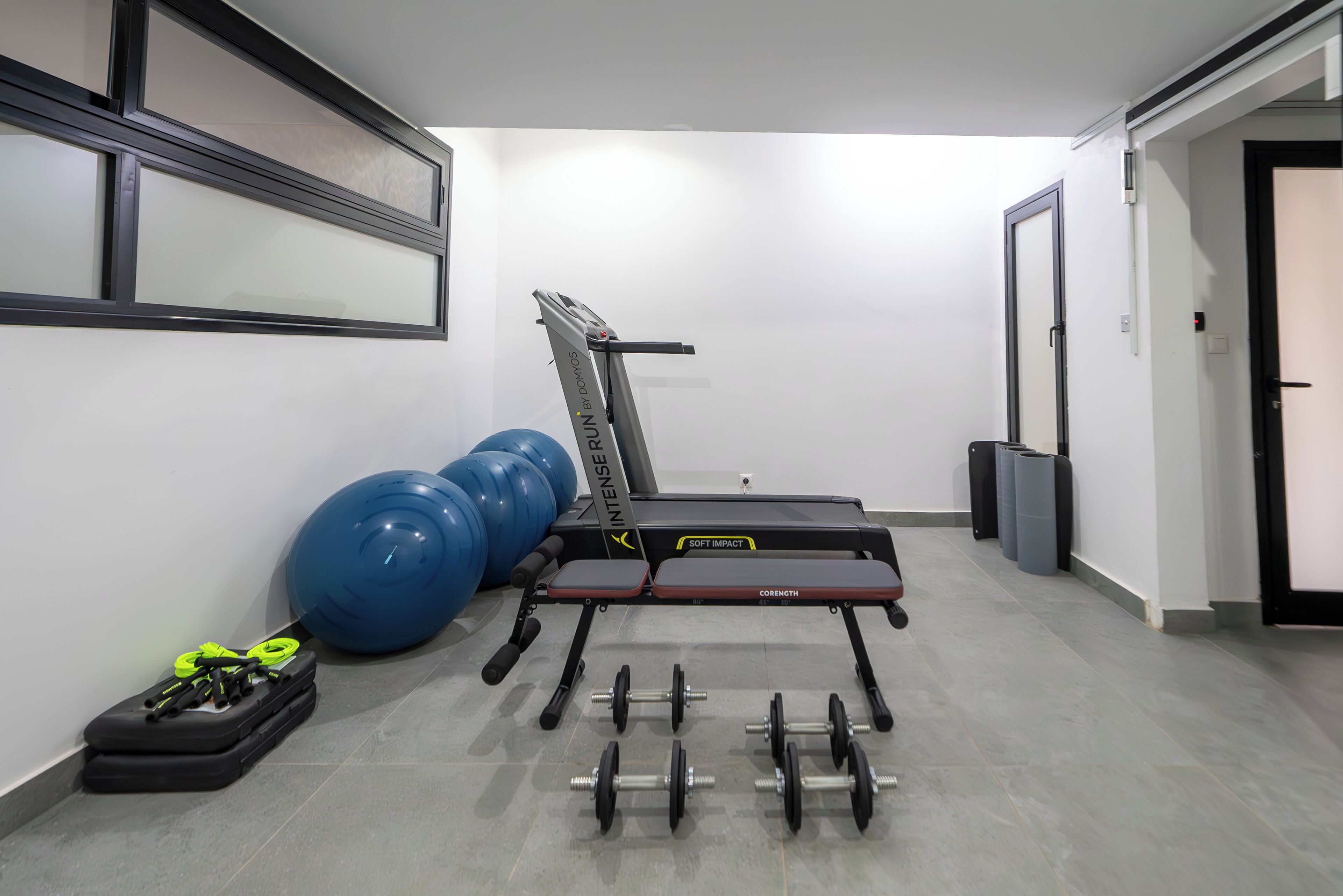 A gym with exercise equipment including a treadmill, weights, and exercise balls.