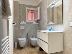 Douche, séchoir à cheveux, serviettes fournies, shampooing