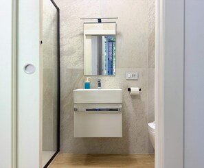 Shower, hair dryer, towels, shampoo