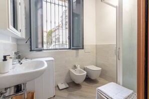 Shower, hair dryer, towels