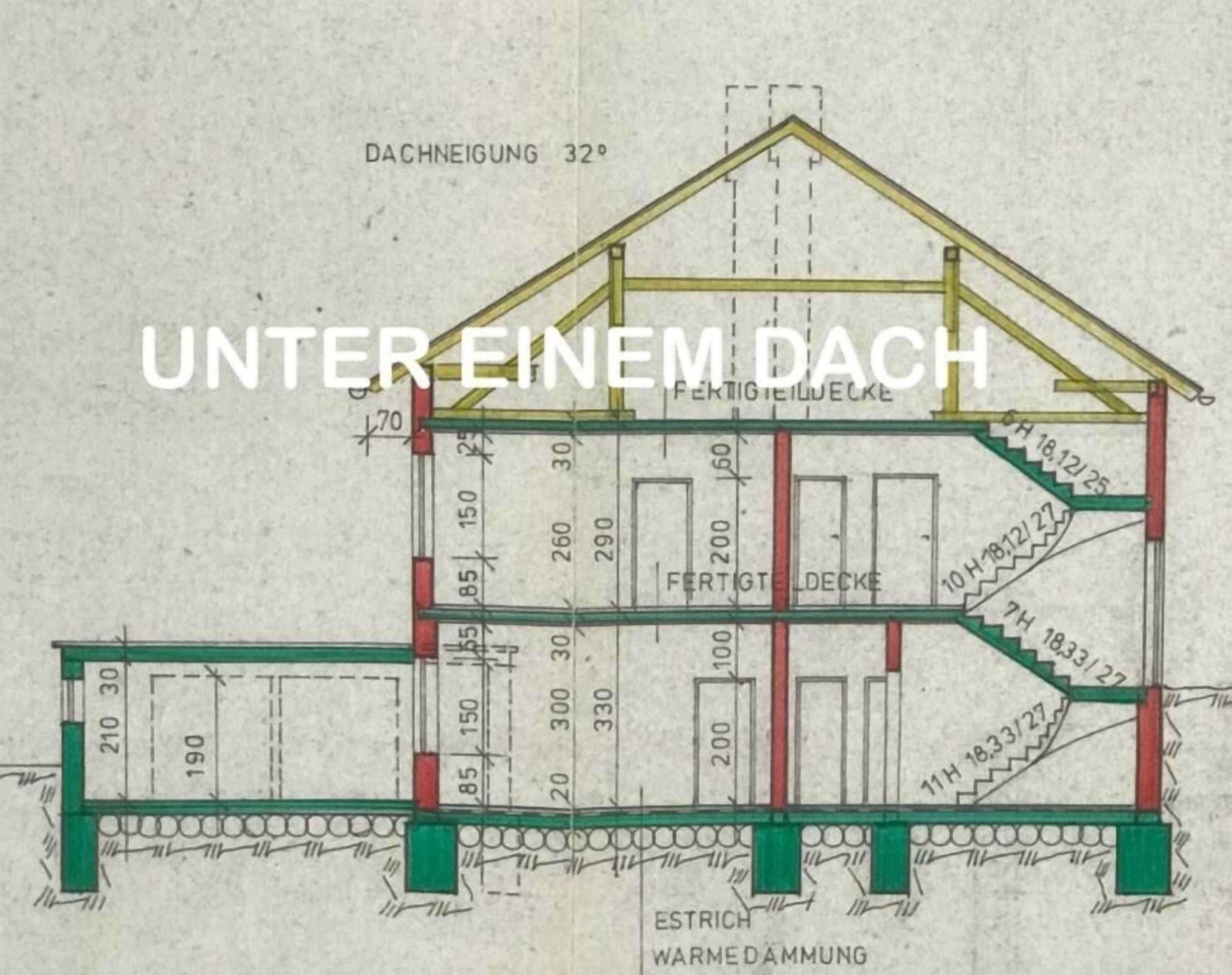 A detailed architectural drawing of a building with a 32° roof pitch, labeled sections, and structural elements.
