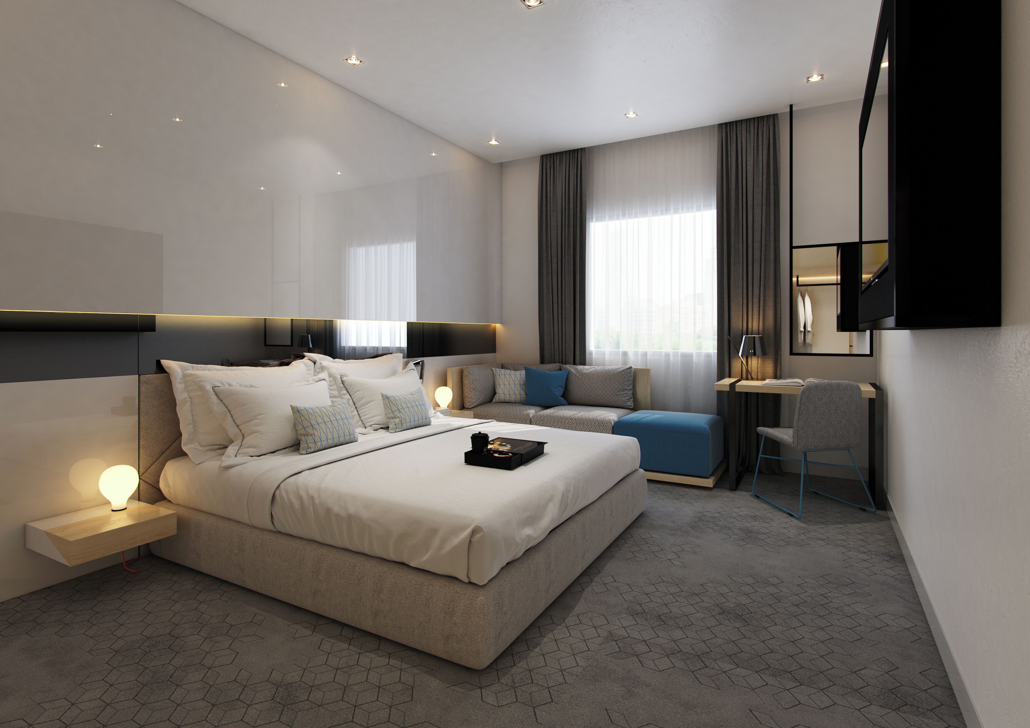 Frigobar, cofres nos quartos, escrivaninha