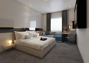 Minibar, caja fuerte, escritorio y espacio para trabajar con un portátil