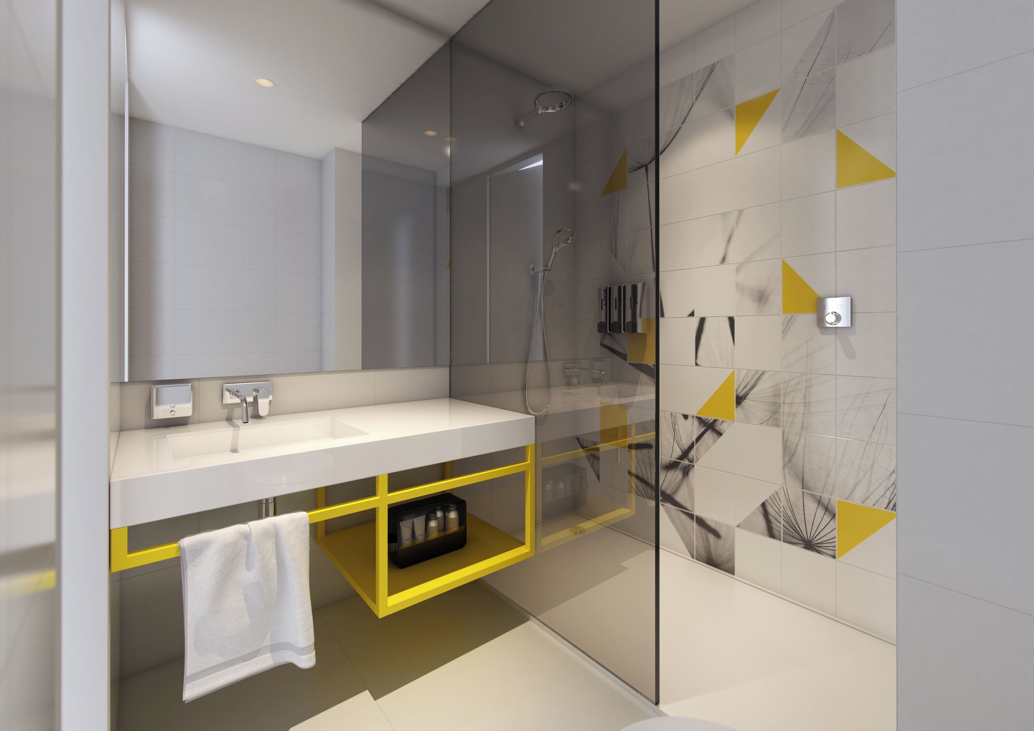 A modern bathroom with a glass shower enclosure, a white sink, and a yellow storage unit.