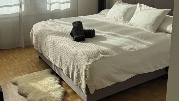 A neatly made bed with white linens and a fluffy rug, a tall black heater, and a window with sheer curtains. - 5th floor, charming 2-bedroom apartment , Centre of Geneva (Genève)