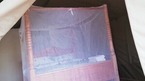 A tent with a mosquito net, a wooden bed frame, and a mattress. - Eco mara forest camp  (Meru)
