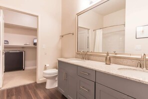 Shower, hair dryer, shampoo