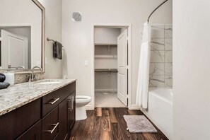 Shower, hair dryer, shampoo