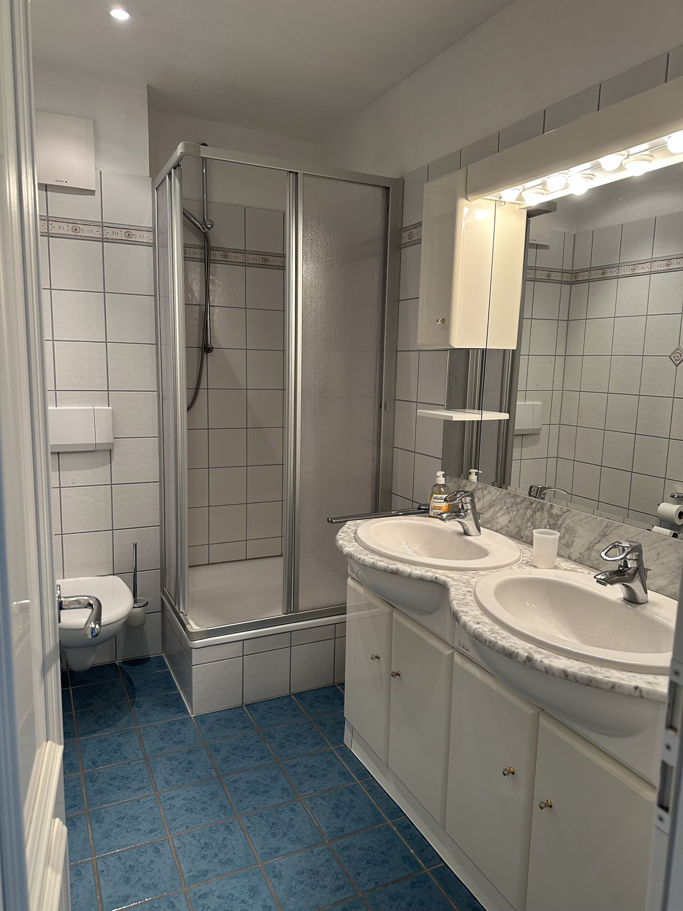 Un baño con dos lavamanos, ducha e inodoro.
