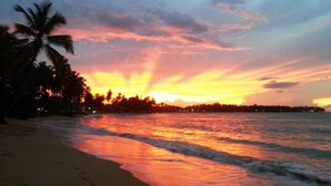 A sunset beach scene with palm trees and a calm sea. - Peaceful villa with garden and swimming pool - 300 m from the beach (Las Terrenas)