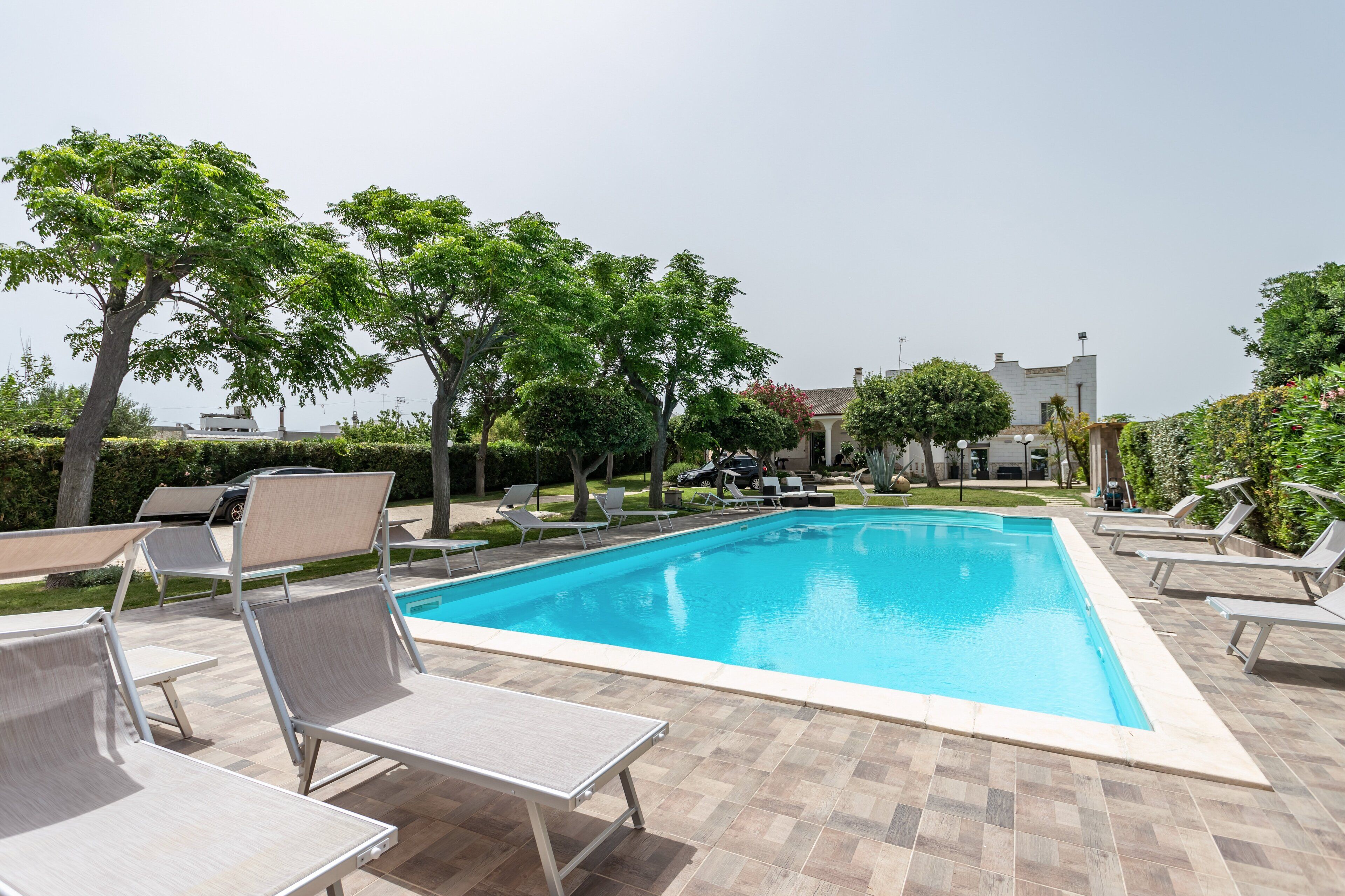 A rectangular swimming pool with a tiled deck, surrounded by lounge chairs and trees.