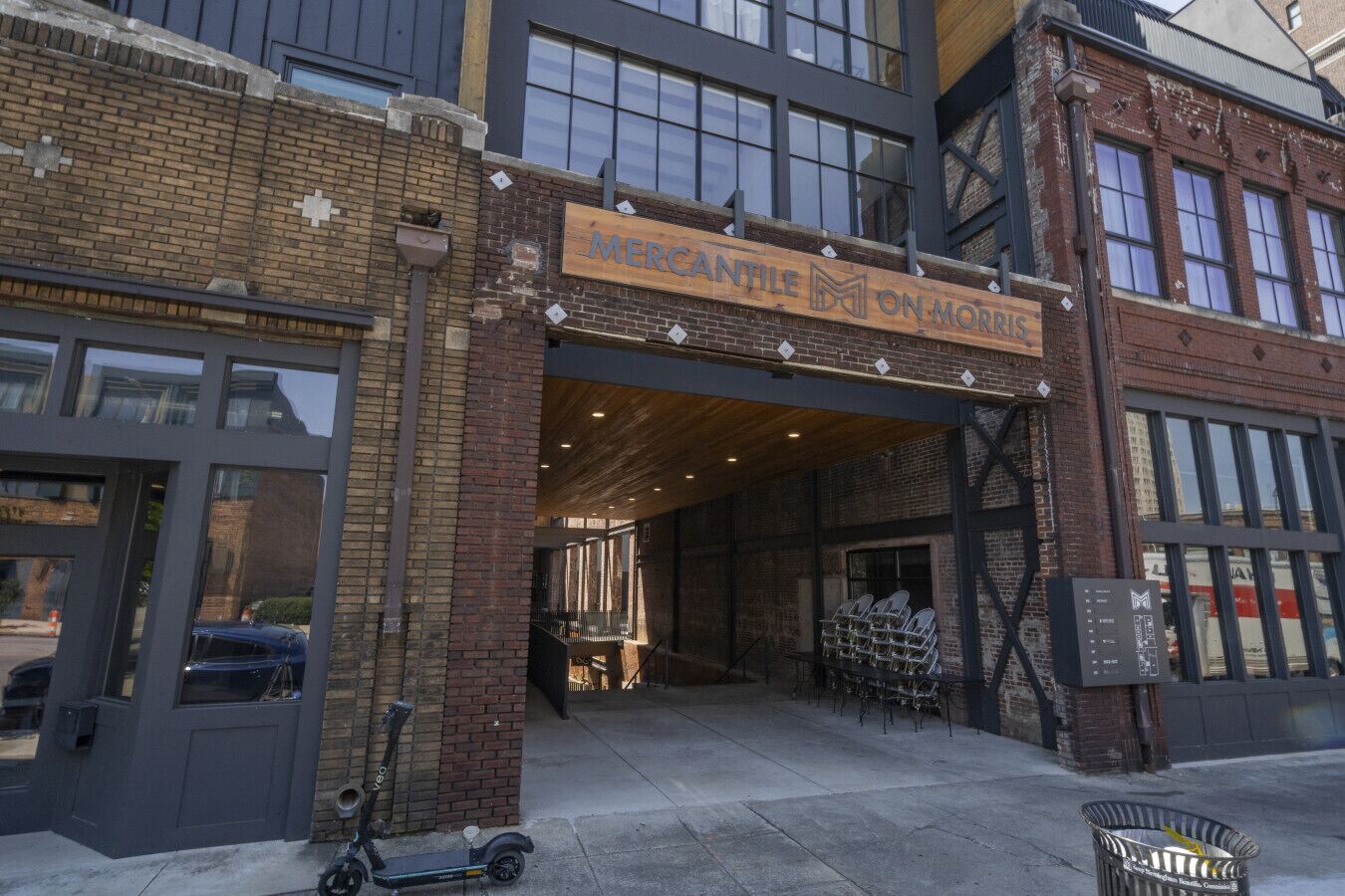 A building with a sign reading "Mercantile on Morris".