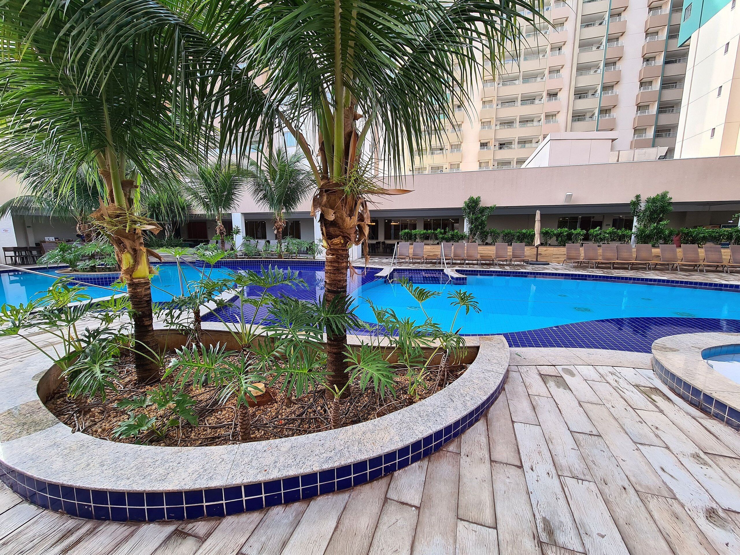 A swimming pool surrounded by palm trees and lounge chairs, with a building in the background.