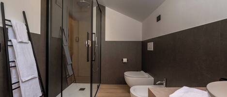 A modern bathroom with a glass-enclosed shower, a toilet, and a bathtub.