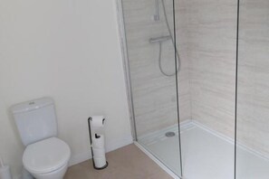 Shower, free toiletries, hair dryer, towels
