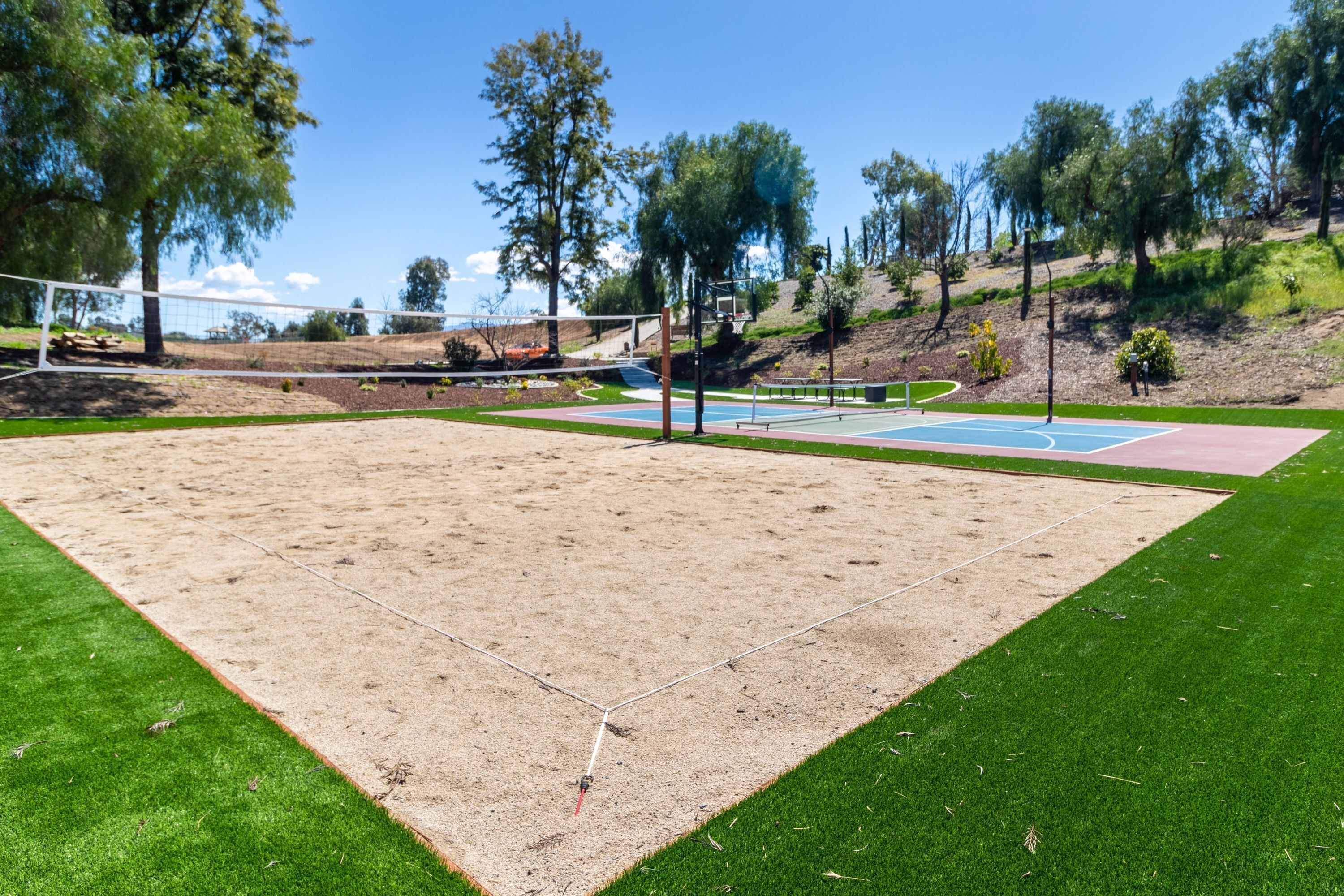 An outdoor sports court with a basketball hoop, surrounded by green grass and trees.
