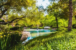 Un jardin paisible avec un étang, une végétation luxuriante et un petit kiosque blanc.