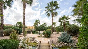 A garden with a wooden bridge, palm trees, and a pond. - Arcadia by Avantstay Breathtaking Oasis in Scottsdale w Pool Hot Tub Game Room (Scottsdale)