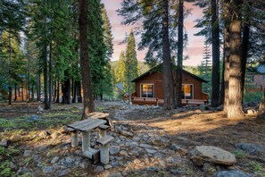 Une cabane entourée de grands pins, avec un sentier de pierres menant à l’entrée.