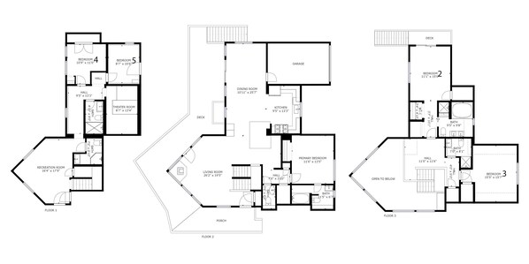 A floor plan with three bedrooms, a dining room, a kitchen, a living room, a bathroom, a garage, and a recreation room. - Timberline by Avantstay Stunning Chalet Cabin w Hot Tub Pool Table Home Theater (Carnelian Bay)