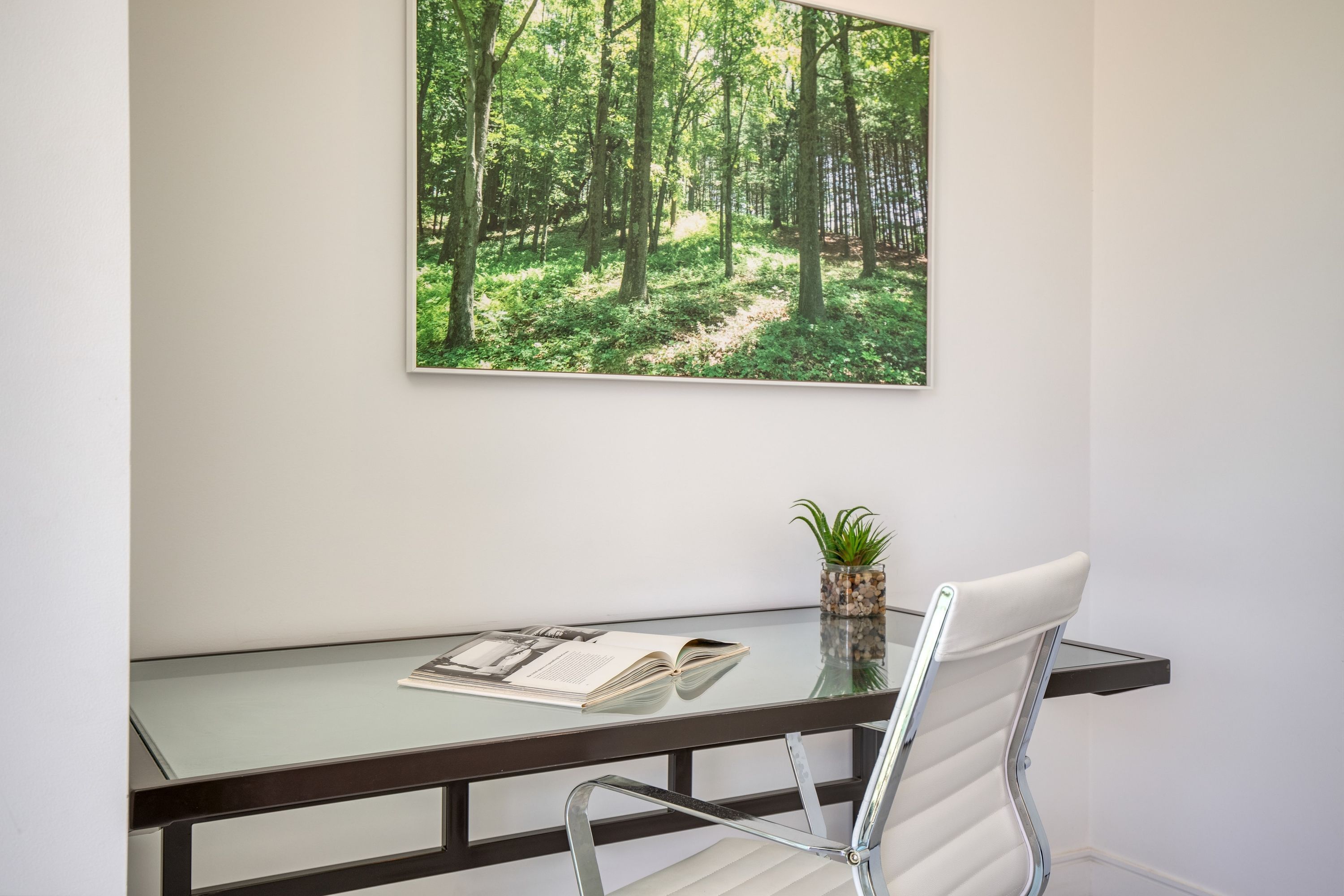 Un espacio de oficina moderno con un escritorio de vidrio, una silla blanca, una fotografía enmarcada de un bosque y una planta pequeña en el escritorio.